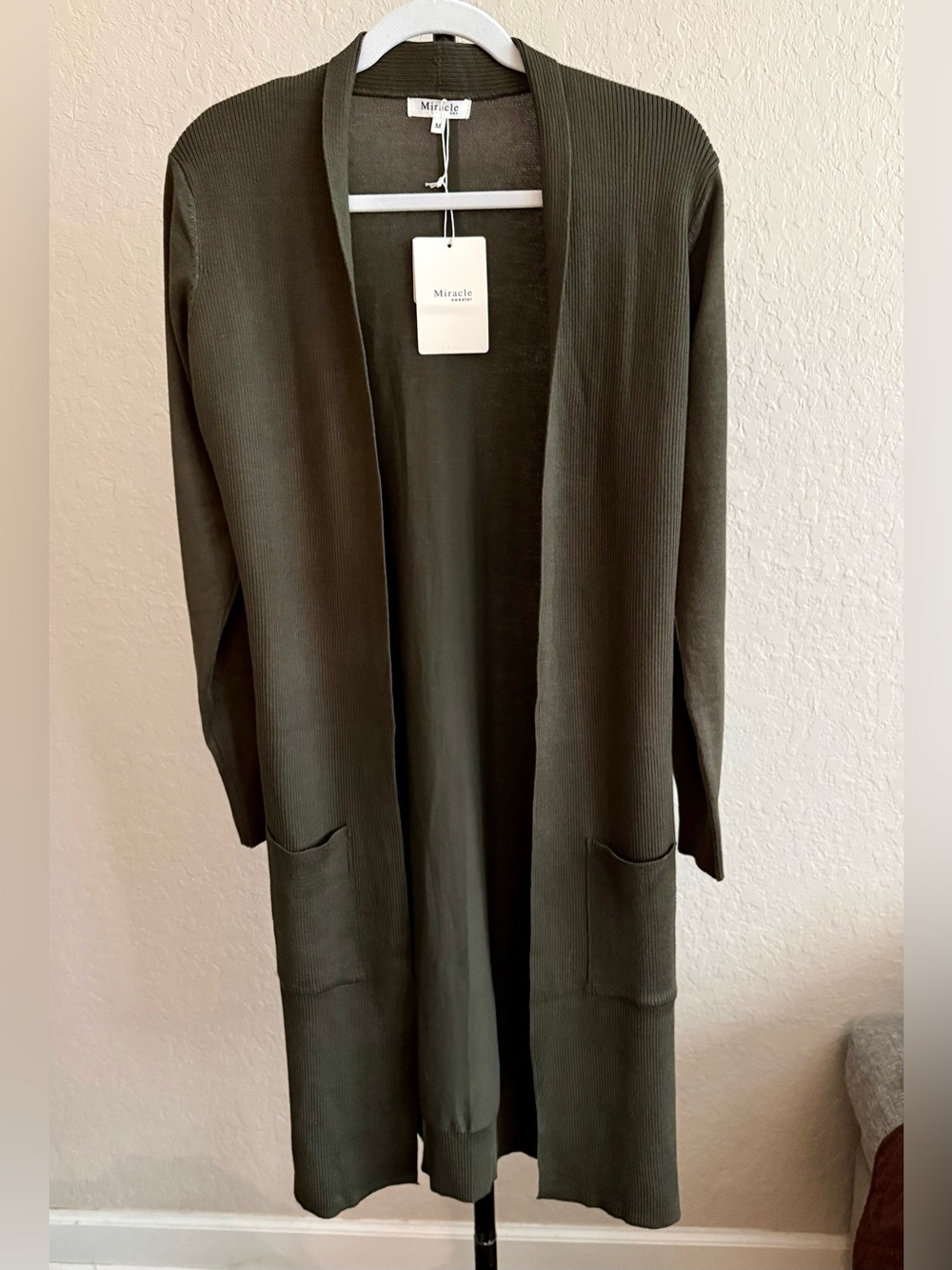 Miracle USA Dark Olive Green Longline Duster Cardigan NWT Medium - Picture 7 of 13